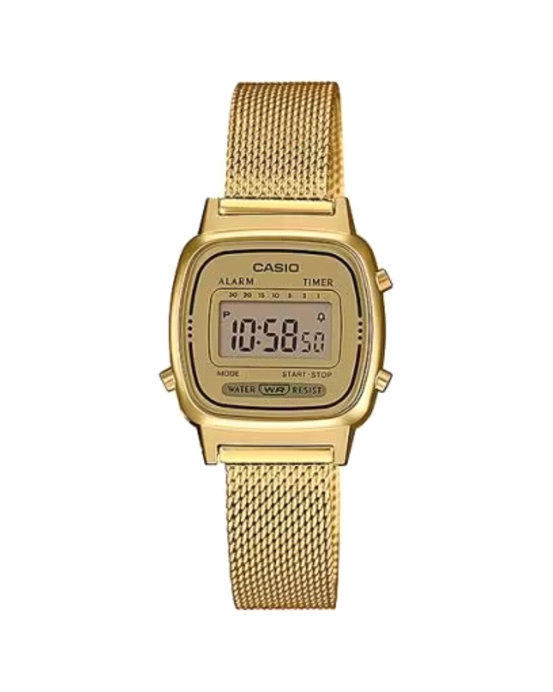 El Casio LA670WEMY-9EF es un reloj digital retro con acabado dorado elegante y diseño compacto. Cronómetro 1/10 s, alarma diaria