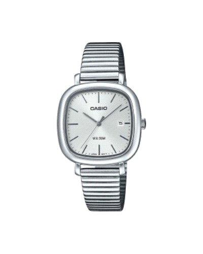 Reloj analógico clásico con diseño cuadrado retro. Caja y correa de acero inoxidable plateado, esfera blanca limpia y elegante. 