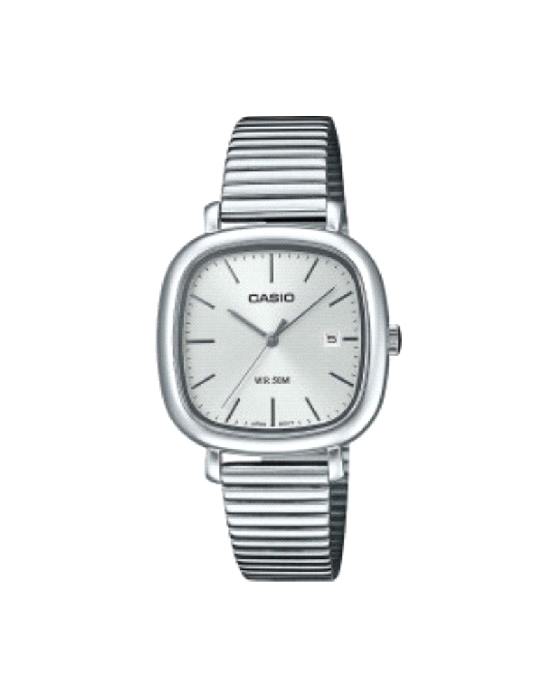 Reloj analógico clásico con diseño cuadrado retro. Caja y correa de acero inoxidable plateado, esfera blanca limpia y elegante. 