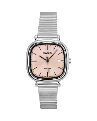 Reloj analógico clásico con diseño cuadrado retro. Caja y correa de acero inoxidable plateado, esfera rosa suave y elegante. Muy