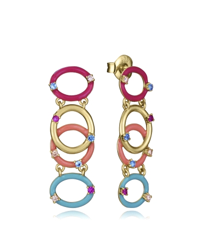 La combinación perfecta de color y elegancia se refleja en estos pendientes de plata de primera ley con baño de oro. Los círculo