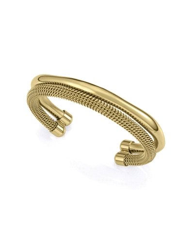 Esta pulsera de acero Ip dorado de la colección Laura Escanes es una pieza elegante y moderna, con un diseño rígido doble que co
