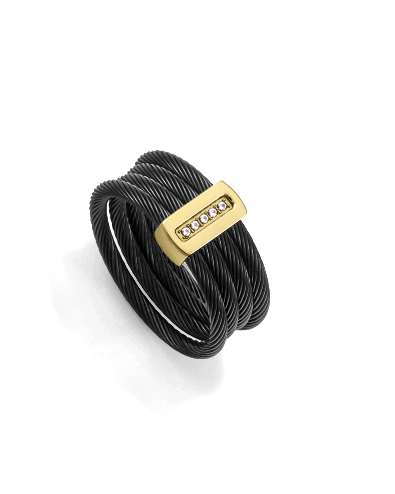 Anillo de Viceroy de acero con acabados IP negro y dorado , presenta múltiples cables unidos por una barra central, creando un e