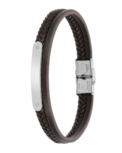 Pulsera de piel marrón oscuro con placa de acero de 4 cm y cierre de acero. Medida 23 cm, ancho 11 mm. Un accesorio masculino el