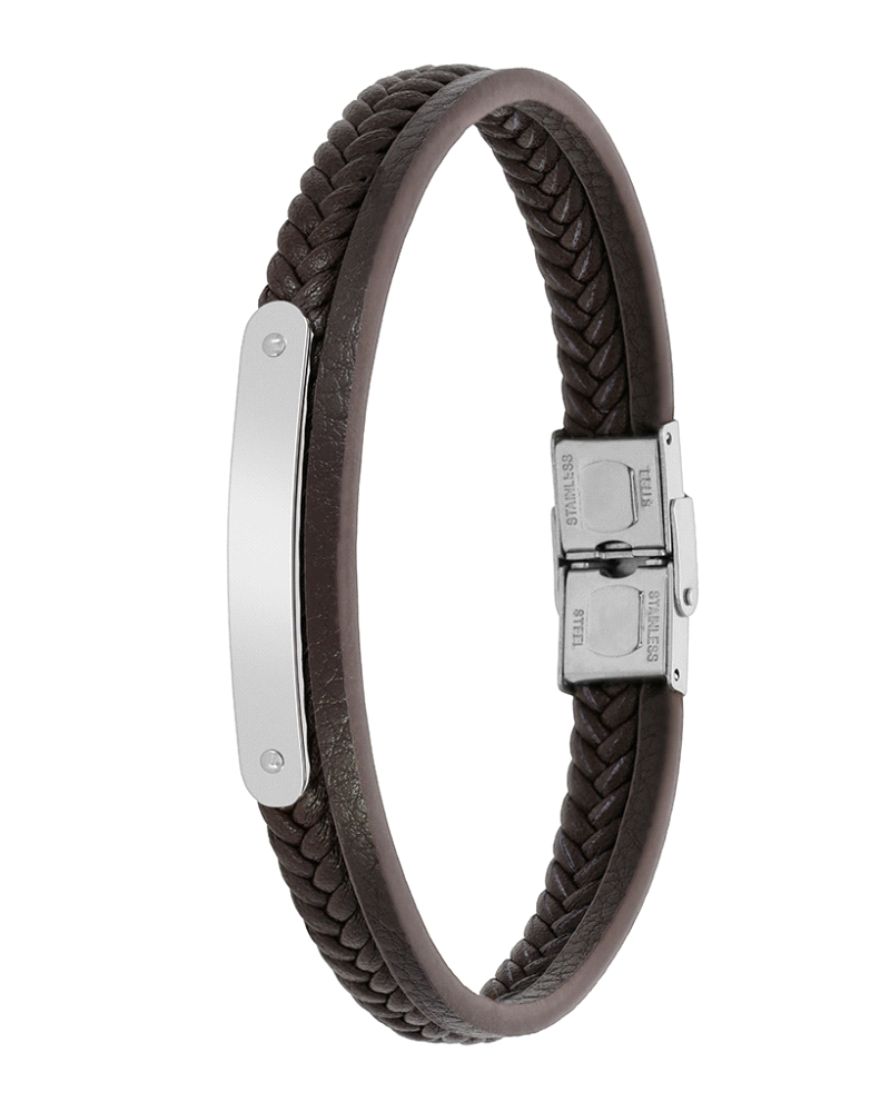 Pulsera de piel marrón oscuro con placa de acero de 4 cm y cierre de acero. Medida 23 cm, ancho 11 mm. Un accesorio masculino el
