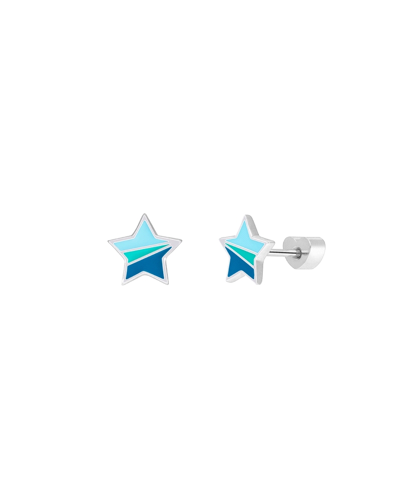 Pendiente estrella en plata de ley 925 rodiada con esmalte azul, turquesa y azul oscuro. Cierre de rosca en forma de corazón. Me