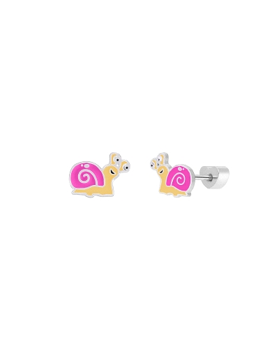 Pendiente caracol en plata de ley 925 rodiada con esmalte fucsia, beige, blanco y negro. Cierre de rosca en forma de corazón. Me