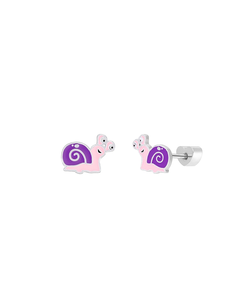 Pendiente caracol en plata de ley 925 rodiada con esmalte rosa, lila, blanco y negro. Cierre de rosca en forma de corazón. Medid