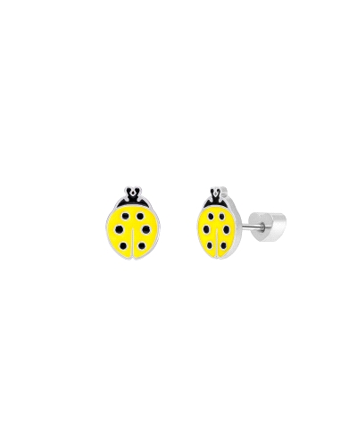 Pendiente mariquita en plata de ley 925 rodiada con esmalte amarillo y negro. Cierre de rosca en forma de corazón. Medida 6,1 × 