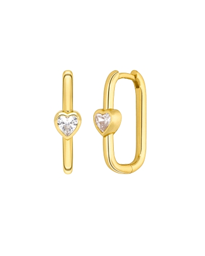 Pendientes rectangulares con circonita en forma de corazón, en plata de ley 925 rodiada y baño de oro de 18k. Cierre huggy. Medi