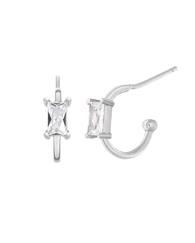 Pendientes aro baguette de plata de ley 925 rodiada con circonitas. Cierre de presión. Baguette de 6 mm. Elegante y sofisticado,