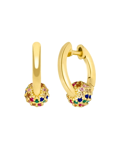 Pendiente hoop de plata de ley 925 bañada en oro de 18k con circonitas multicolor. Diseño elegante y moderno con cierre huggy. A