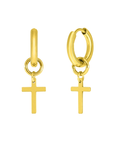 Pendiente de acero en color dorado con cruz, un diseño sencillo y elegante ideal para el uso diario. Fabricado en acero resisten