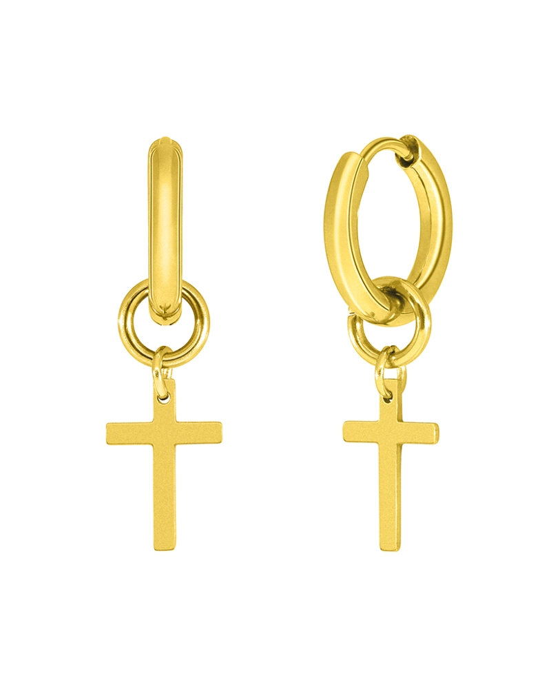Pendiente de acero en color dorado con cruz, un diseño sencillo y elegante ideal para el uso diario. Fabricado en acero resisten