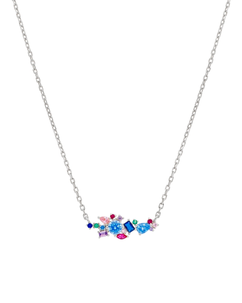 Collar de Marea de la colección Fiore. De plata de primera ley rodiada y circonitas clavadas de diferentes colores. Cierre de mo