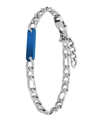 Pulsera de Marea de acero con placa lateral en color azul oscuro y cierre de acero. La medida de la pulsera es de 20 + 3 cm.