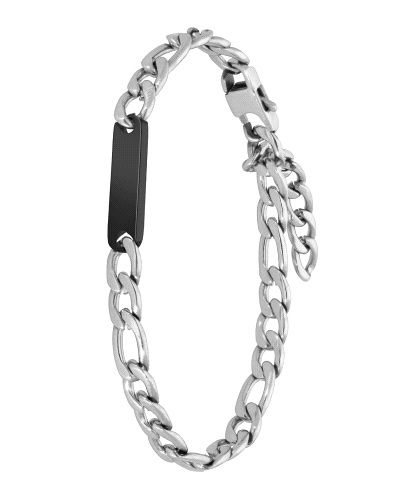 Pulsera de Marea de acero con placa lateral en color negro y cierre de acero. La medida de la pulsera es de 20 + 3 cm.