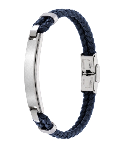 Pulsera de Marea de acero inoxidable y cuero azul genuino con el logo de Marea en el cierre. El material de la caja es de piel/c