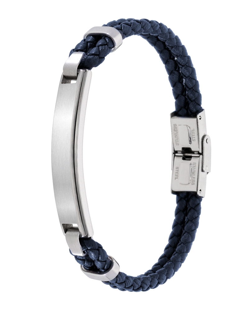 Pulsera de Marea de acero inoxidable y cuero azul genuino con el logo de Marea en el cierre. El material de la caja es de piel/c