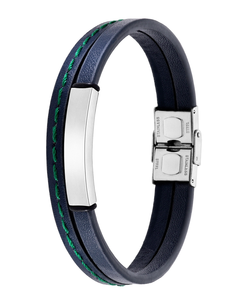 Pulsera de Marea de piel en color azul marino con detalles en hilo de color verde. Tiene una placa grabable y una medida de 22cm