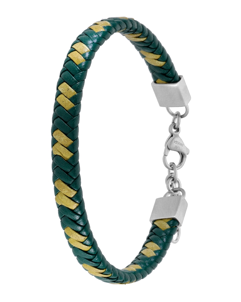 Pulsera de Marea de piel trenzada de color verde oscuro con toques de color en lima. Medida: 22 + 3cm.