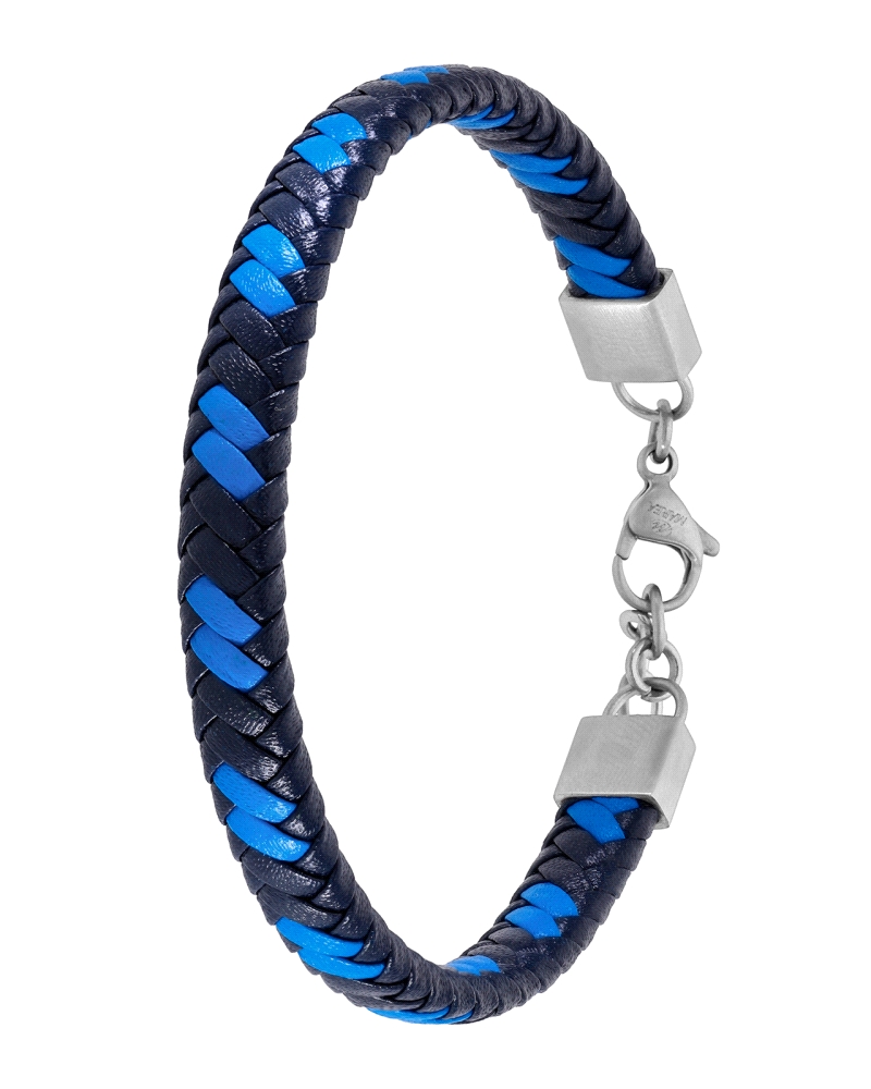 Pulserade Marea de piel trenzada azul marino con toques de color en azul claro. Medida: 22 + 3cm.