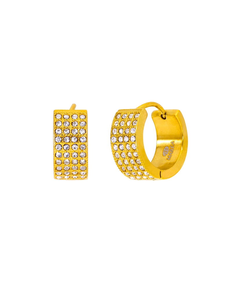 Pendientes de Marea de acero dorado C03101/AD de medio aro con circonitas. Fabricados en acero dorado inoxidable. Diseño de medi