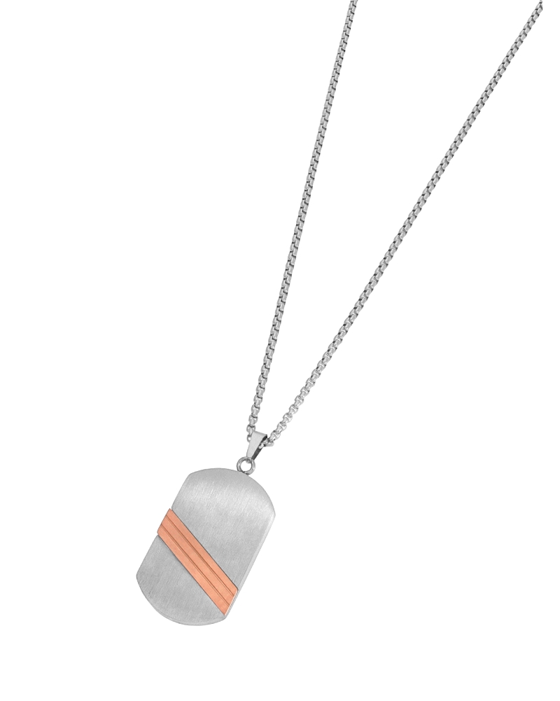 Collar de Marea de acero inoxidable con placa bicolor y detalles rose gold. El largo de la cadena es de 50 + 5 cm de largo.