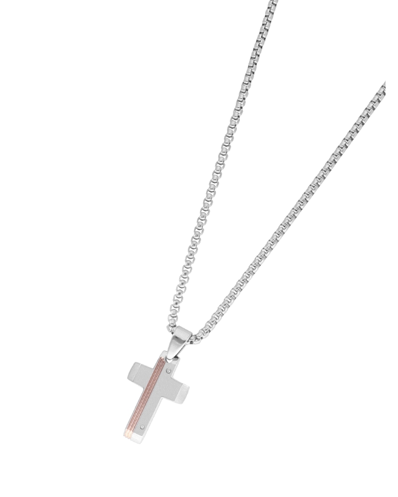 Collar de Marea de acero con cruz de acero y detalle de líneas verticales en color cobre. La cadena tiene una medida de 55 cm.