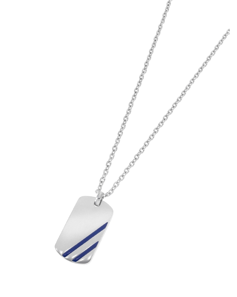 Cadena de acero con placa brillante y rayas azules de Marea. El tamaño de la cadena es de  50 cm, más el alargador de 5 cm. El t