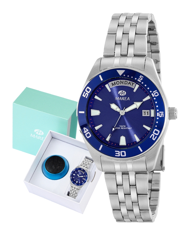 Reloj Marea infantil analógico con caja de acero de 33 mm y esfera azul con calendario y día. Correa de acero, sumergible 5 ATM.