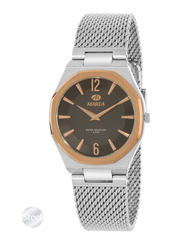 Reloj de mujer analógico con caja de 34 mm en acero, bisel Rose Gold y esfera marrón texturizada. Brazalete de acero plateado. R