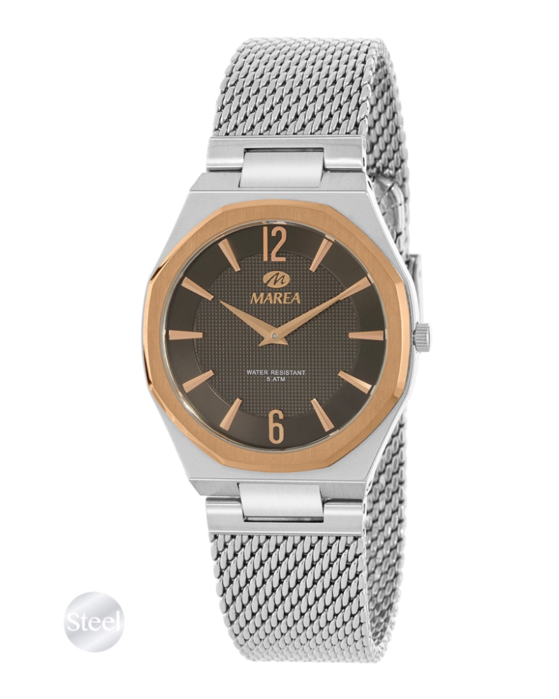 Reloj de mujer analógico con caja de 34 mm en acero, bisel Rose Gold y esfera marrón texturizada. Brazalete de acero plateado. R