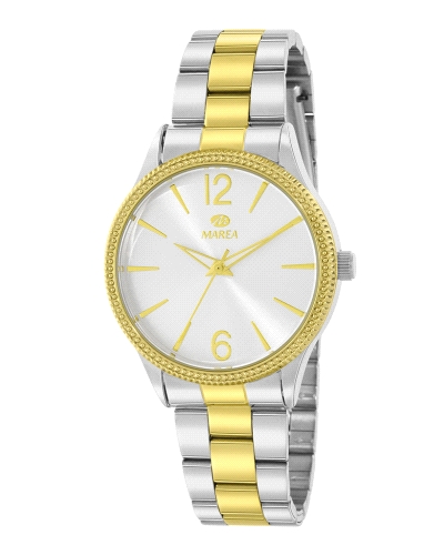 El Reloj Marea B41413/6 Mujer combina un atractivo acabado bicolor plateado y dorado con una esfera blanca de lectura limpia y e