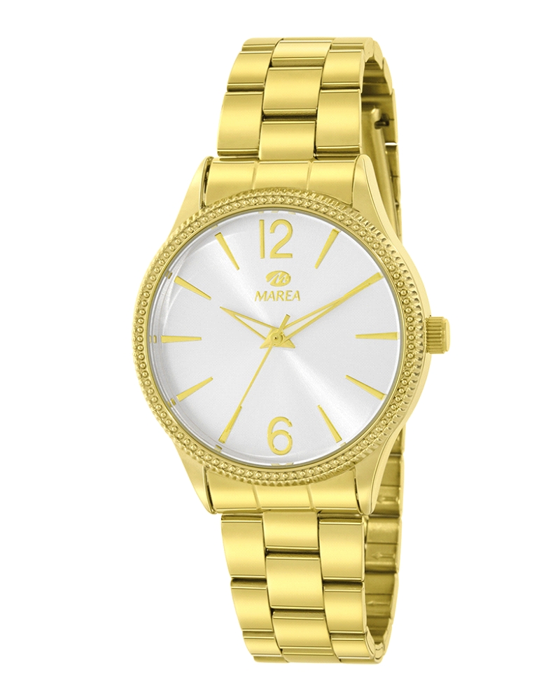 El Reloj Marea B41413/7 Mujer destaca por su acabado dorado uniforme y una esfera plateada que refleja la luz con un brillo limp