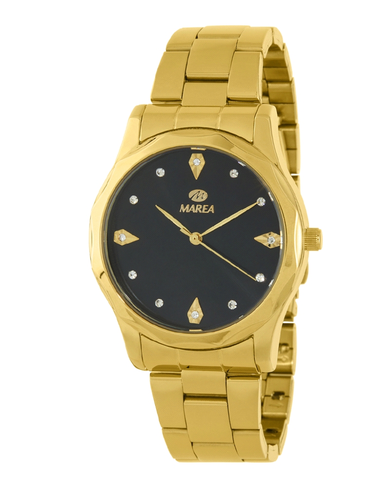 Reloj de mujer con movimiento japonés de 3 agujas, caja de 32 mm en metal y brazalete de acero. Esfera negra con índices de circ