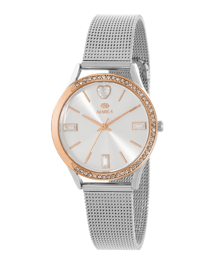 Reloj Marea para mujer fabricado en acero inoxidable plateado y rosado. Se trata de un reloj de diseño puramente femenino compue