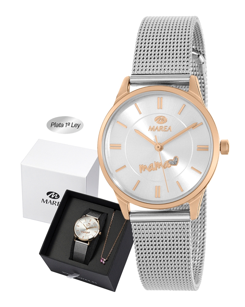 Reloj Marea Mujer B54210/12 con caja dorada y brazalete de malla de acero. Esfera plateada, movimiento quartz y cierre corredizo