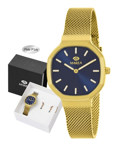Reloj de diseño actual, equipado con brazalete de acero tipo malla milanesa en color dorado, que aportan ligereza, comodidad y u