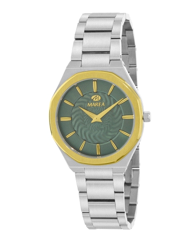 Reloj Marea Mujer B54290/3 con caja y brazalete de acero inoxidable, bisel dorado y esfera verde. Movimiento quartz y cierre des