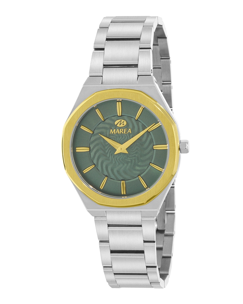 Reloj Marea Mujer B54290/3 con caja y brazalete de acero inoxidable, bisel dorado y esfera verde. Movimiento quartz y cierre des
