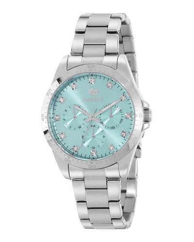Reloj de mujer multifunción con movimiento japonés, caja de 37 mm en metal y brazalete de acero. Esfera turquesa con pedrería, c