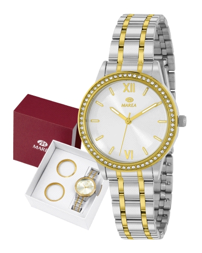 Reloj de mujer con movimiento japonés de 3 agujas, caja de 34 mm en metal y brazalete de acero. Esfera blanca con índices dorado