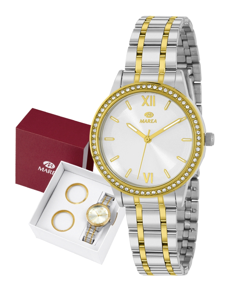 Reloj de mujer con movimiento japonés de 3 agujas, caja de 34 mm en metal y brazalete de acero. Esfera blanca con índices dorado