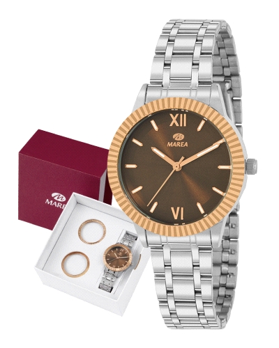 Reloj de mujer con movimiento japonés de 3 agujas, caja de 34 mm en metal y brazalete de acero. Esfera marrón con índices rose g