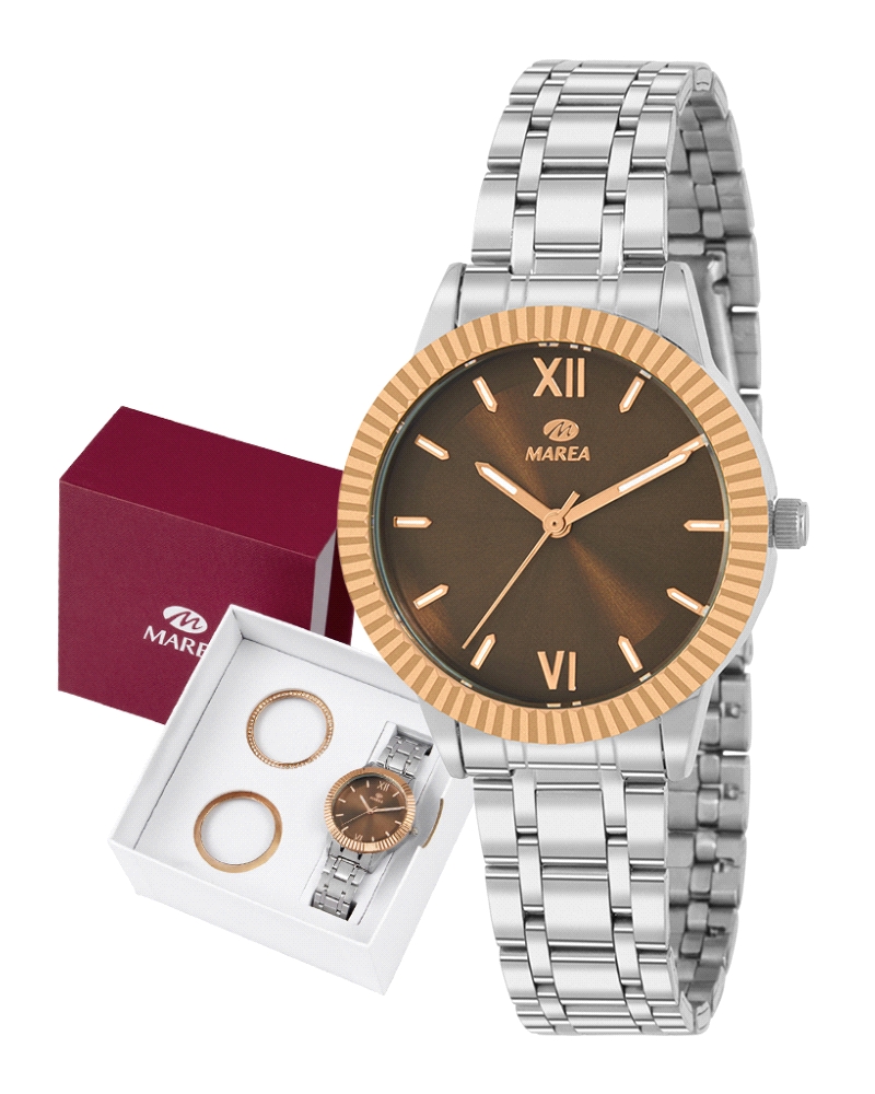 Reloj de mujer con movimiento japonés de 3 agujas, caja de 34 mm en metal y brazalete de acero. Esfera marrón con índices rose g