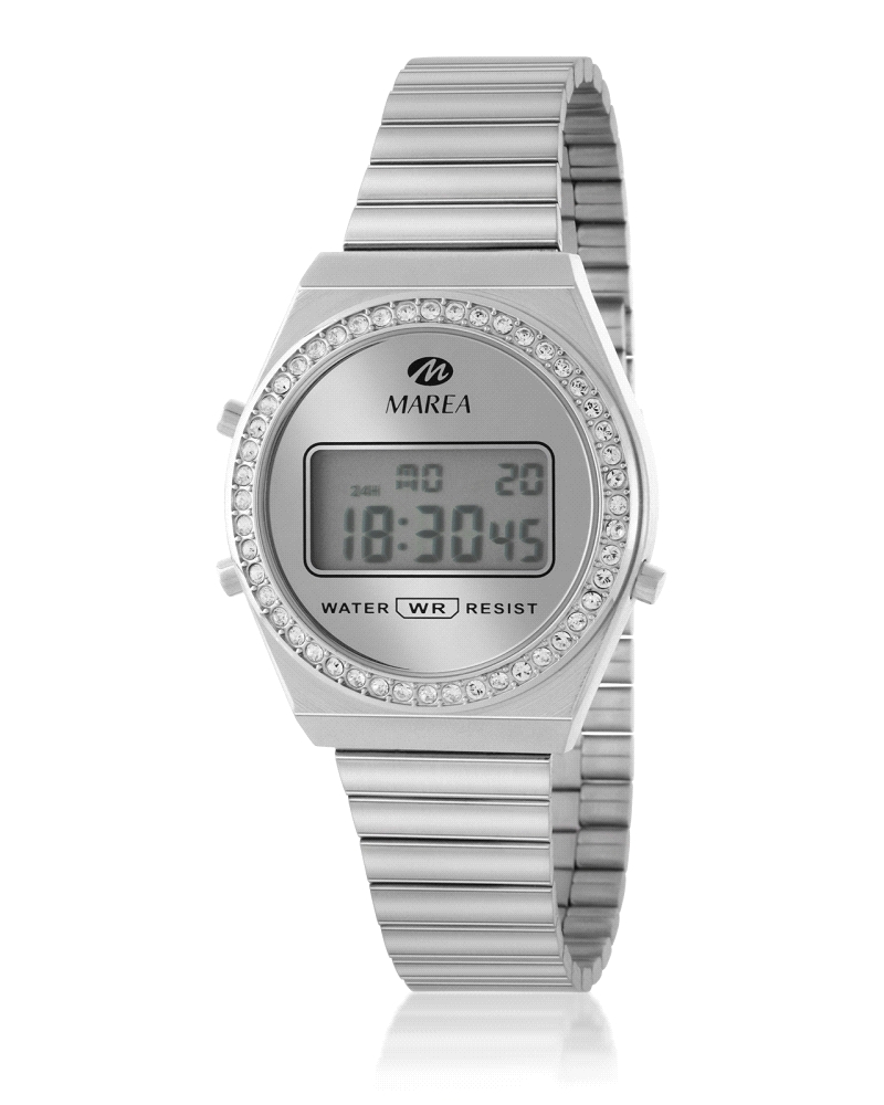 Reloj digital de mujer con pantalla LCD, caja de 33 mm en metal y brazalete de acero plateado. Bisel y esfera con circonitas bla