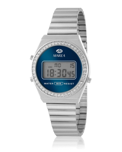 Reloj digital de mujer con pantalla LCD, caja de 33 mm en metal y brazalete de acero. Bisel y esfera con circonitas blancas. Res