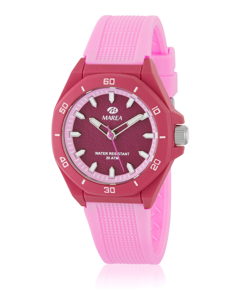 Reloj para mujer analógico con caja de 37 mm de plástico color fucsia con bisel rotulado y detalle en color rosa. Correa de sili