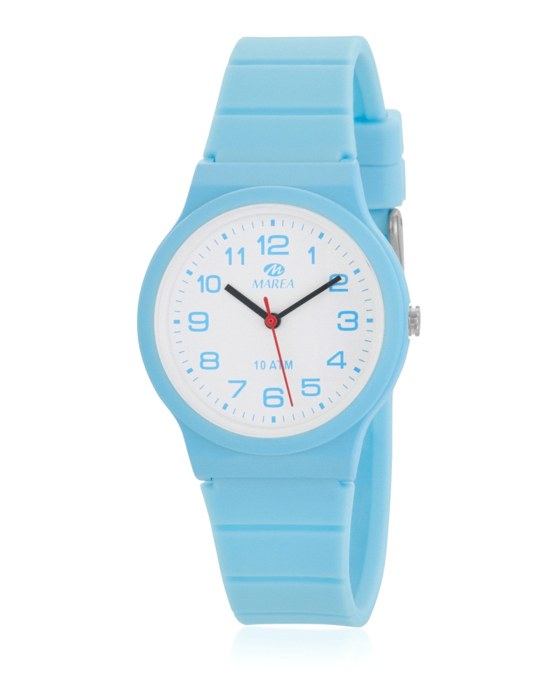 Reloj de mujer con movimiento japonés de 3 agujas, caja de 34 mm en plástico azul claro y correa de silicona azul. Esfera blanca